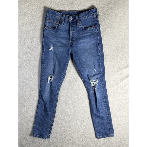 Levis 501 Jeans Womens 25x28 Medium Wash Blue Button Fly Skinny Denim Distressed - Picture 1 of 16